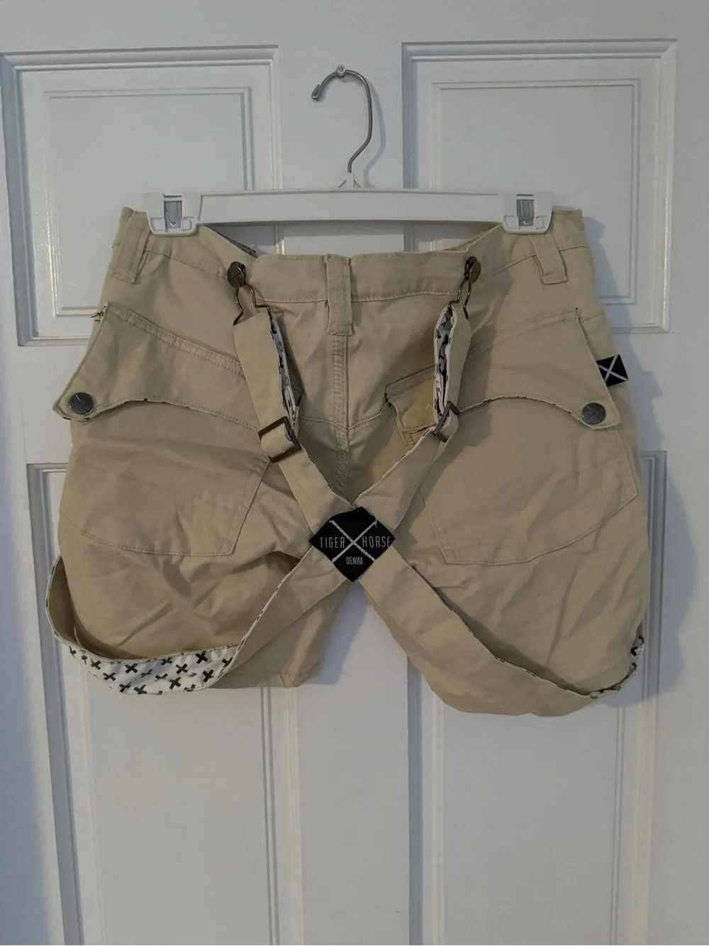 Tiger Horse Men's Beige Distressed Utility Shorts with Suspender Detail